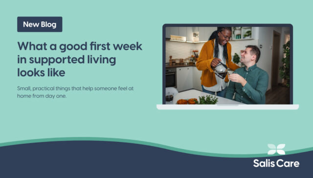 Support worker pouring a hot drink for a smiling man at a kitchen table, shown on a laptop screen on a Salis Care New Blog card